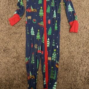 Little Sleepies Navy Blue Christmas Tree Print Pajama Set with Red Trim